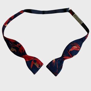 VTG Georgina Von Etzdorf Bird Floral Silk Self Tie Bow Tie Navy Red England RARE